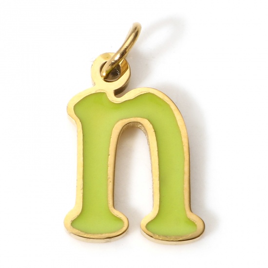 Picture of 1 Piece 304 Stainless Steel Charms Gold Plated Green Lowercase Letter Message " N " Enamel 14mm x 8mm