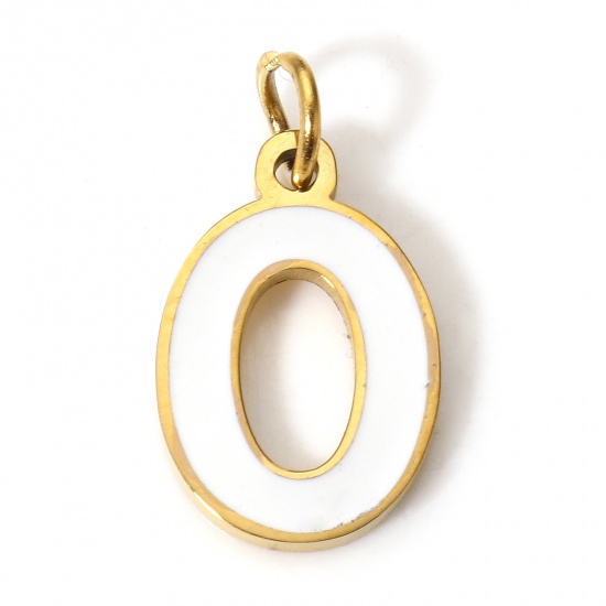 Picture of 1 Piece 304 Stainless Steel Charms Gold Plated White Lowercase Letter Message " O " Enamel 15mm x 8mm