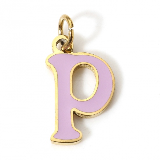 Picture of 1 Piece 304 Stainless Steel Charms Gold Plated Mauve Lowercase Letter Message " P " Enamel 15mm x 7mm