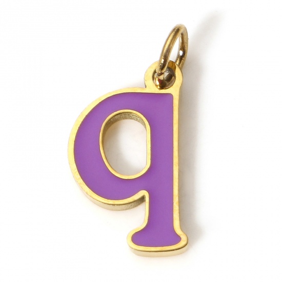 Picture of 1 Piece 304 Stainless Steel Charms Gold Plated Purple Lowercase Letter Message " Q " Enamel 15mm x 7mm