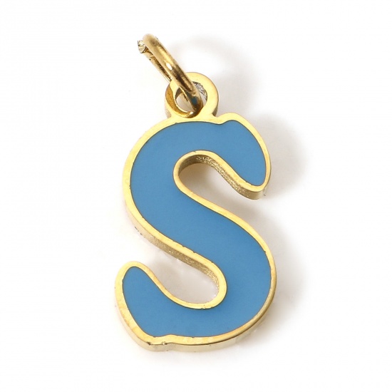 Picture of 1 Piece 304 Stainless Steel Charms Gold Plated Peacock Blue Lowercase Letter Message " S " Enamel 15mm x 7mm