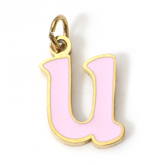 Picture of 1 Piece 304 Stainless Steel Charms Gold Plated Pink Lowercase Letter Message " U " Enamel 15mm x 8mm