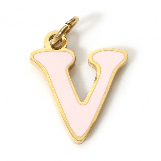 Picture of 1 Piece 304 Stainless Steel Charms Gold Plated Light Pink Lowercase Letter Message " V " Enamel 14mm x 10mm