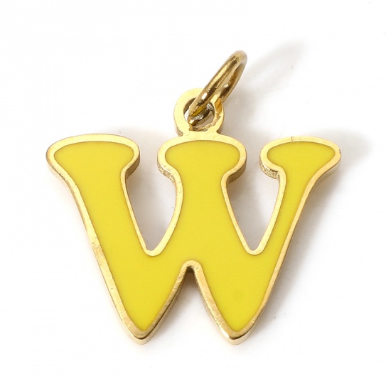 Picture of 1 Piece 304 Stainless Steel Charms Gold Plated Yellow-green Lowercase Letter Message " W " Enamel 15mm x 13mm