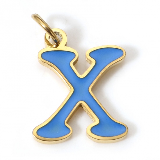 Picture of 1 Piece 304 Stainless Steel Charms Gold Plated Blue Lowercase Letter Message " X " Enamel 15mm x 9mm