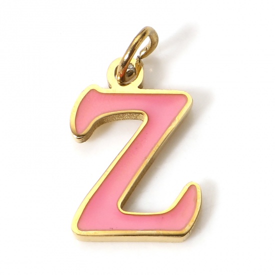 Picture of 1 Piece 304 Stainless Steel Charms Gold Plated Peach Pink Lowercase Letter Message " Z " Enamel 15mm x 8mm