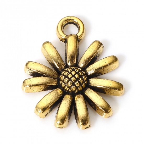 Picture of 50 PCs Zinc Based Alloy Charms Gold Tone Antique Gold Daisy Flower 14.5mm x 12mm