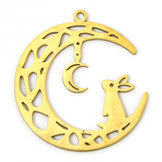 Picture of 2 PCs Vacuum Plating 304 Stainless Steel Galaxy Charms Gold Plated Half Moon Rabbit Hollow 2.7cm x 2.3cm