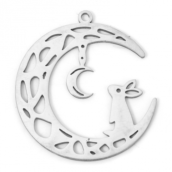 Picture of 2 PCs 304 Stainless Steel Galaxy Charms Silver Tone Half Moon Rabbit Hollow 2.7cm x 2.3cm