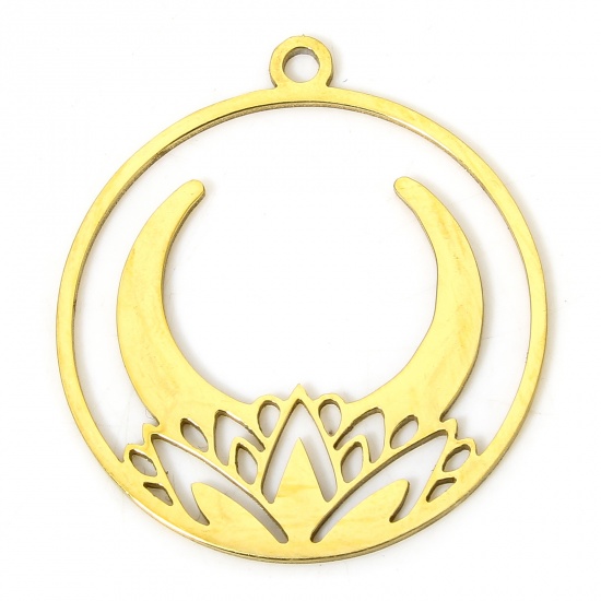 Picture of 2 PCs Vacuum Plating 304 Stainless Steel Galaxy Charms Gold Plated Round Lotus Flower Hollow 2.6cm x 2.3cm