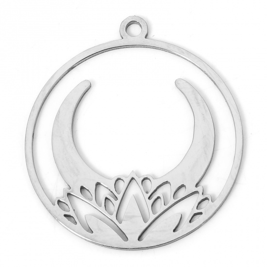 Picture of 2 PCs 304 Stainless Steel Galaxy Charms Silver Tone Round Lotus Flower Hollow 2.6cm x 2.3cm