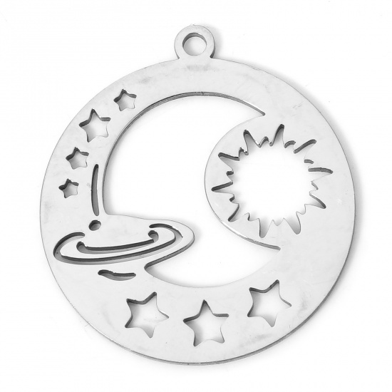 Picture of 2 PCs 304 Stainless Steel Galaxy Charms Silver Tone Round Star Hollow 2.6cm x 2.4cm