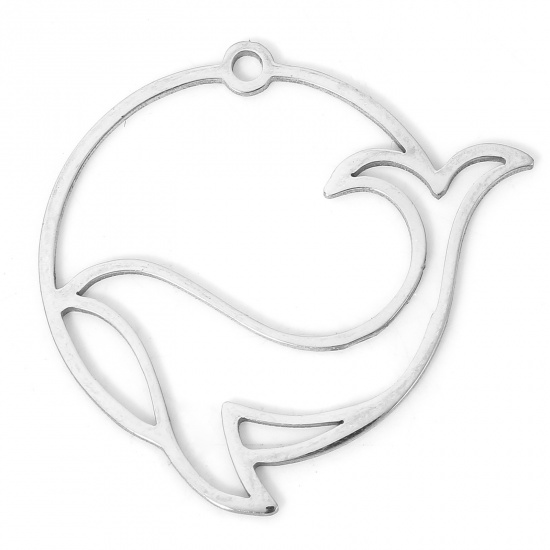 Picture of 2 PCs 304 Stainless Steel Ocean Jewelry Charms Silver Tone Round Whale Animal Hollow 2.8cm x 2.7cm