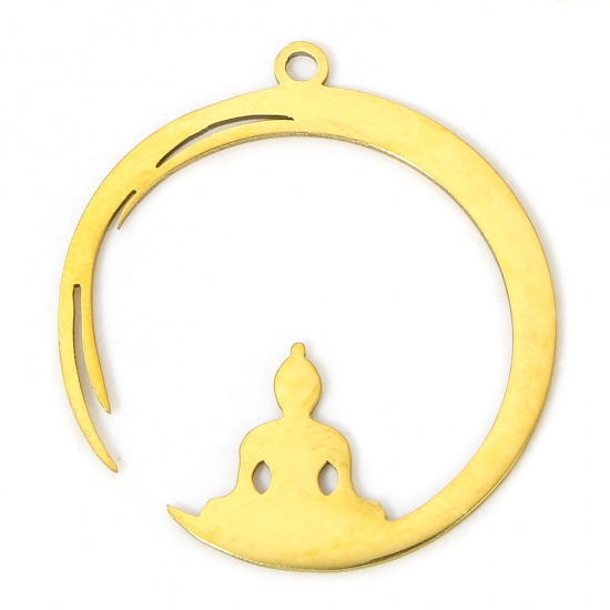 Picture of 2 PCs Vacuum Plating 304 Stainless Steel Religious Charms Gold Plated Yoga Moon Hollow 3cm x 2.6cm