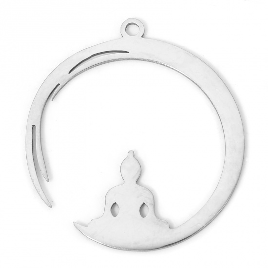 Picture of 2 PCs 304 Stainless Steel Religious Charms Silver Tone Yoga Moon Hollow 3cm x 2.6cm