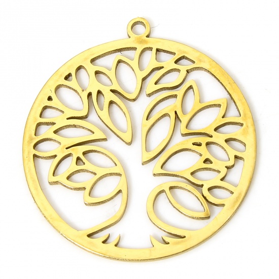 Picture of 2 PCs Vacuum Plating 304 Stainless Steel Stylish Charms Gold Plated Round Tree of Life Hollow 2.6cm x 2.3cm