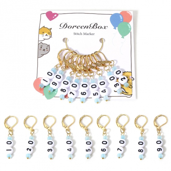 Picture of 1 Set ( 9 PCs/Set) Glass & Acrylic Knitting Stitch Markers Number KC Gold Plated 4.2cm x 0.7cm