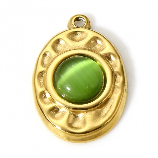 Picture of 1 Piece Vacuum Plating 304 Stainless Steel & Stone Hammered Charms Gold Plated Green Oval 17.5mm x 12mm