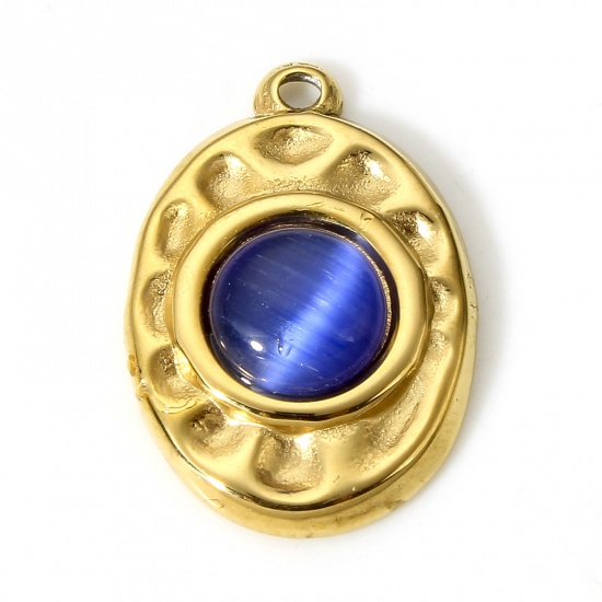 Picture of 1 Piece Vacuum Plating 304 Stainless Steel & Stone Hammered Charms Gold Plated Royal Blue Oval 17.5mm x 12mm