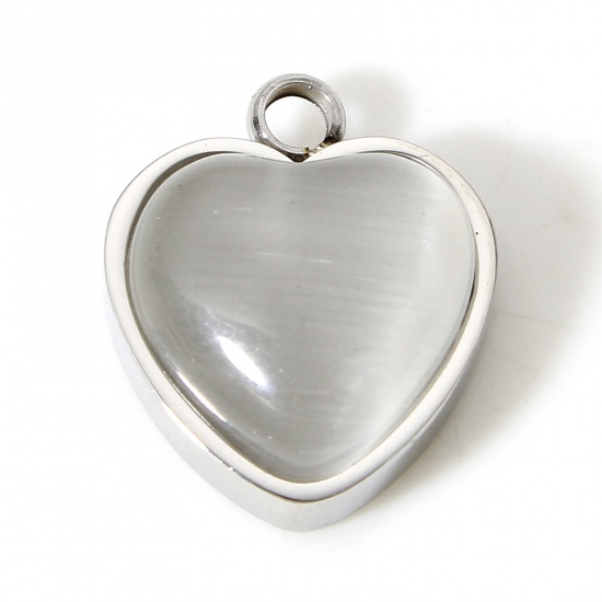 Picture of 1 Piece 304 Stainless Steel & Stone Boho Chic Bohemia Charms Silver Tone Grayish White Heart 14mm x 11.5mm