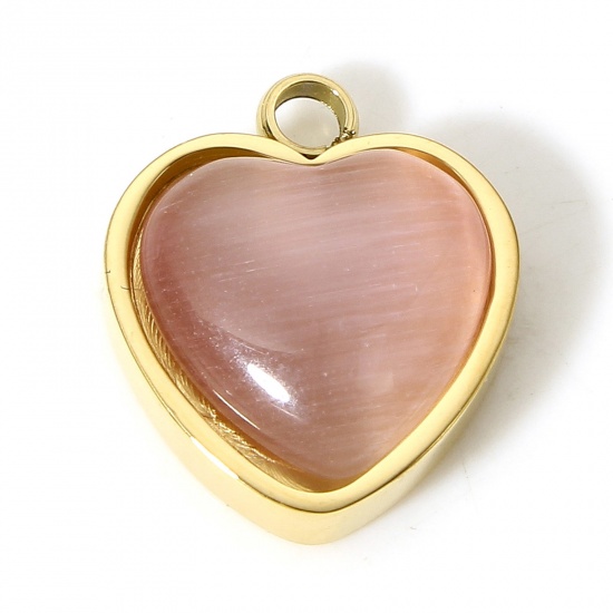 Picture of 1 Piece Vacuum Plating 304 Stainless Steel & Stone Boho Chic Bohemia Charms Gold Plated Pink Heart 14mm x 11.5mm