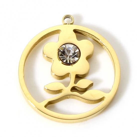 Bild von 1 Stück Vakuumbeschichtung 304 Edelstahl Stilvoll Charms Rund Vergoldet Blumen Hohl Transparent Strass 18mm x 16mm