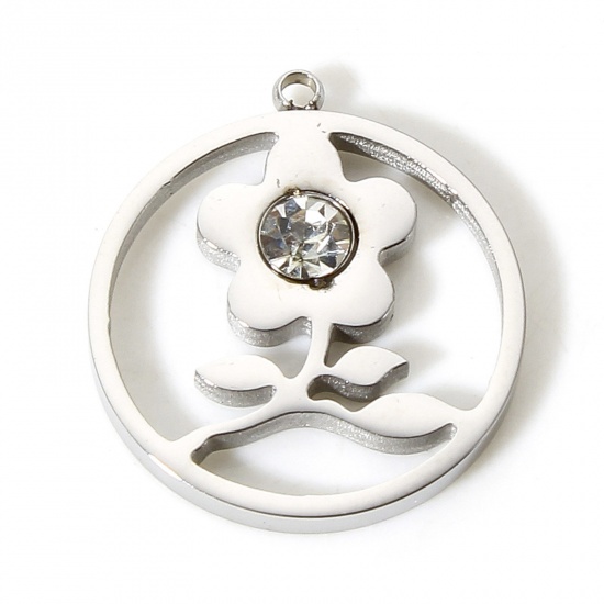 Bild von 1 Stück 304 Edelstahl Stilvoll Charms Rund Silberfarbe Blumen Hohl Transparent Strass 18mm x 16mm