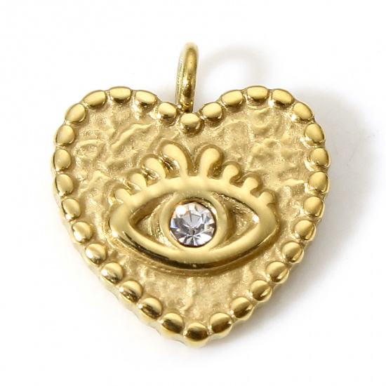 Bild von 1 Stück Vakuumbeschichtung 304 Edelstahl Stilvoll Charms Herz Vergoldet Auge Transparent Strass 12mm x 11mm