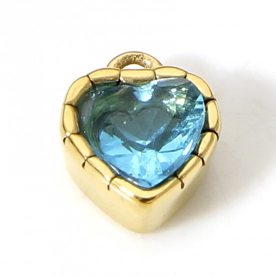 Immagine di 1 Pz Placcatura Sottovuoto 304 Acciaio Inossidabile Pietre Nascita Ciondoli Cuore Oro Placcato Blu Strass 6.5mm x 5.5mm