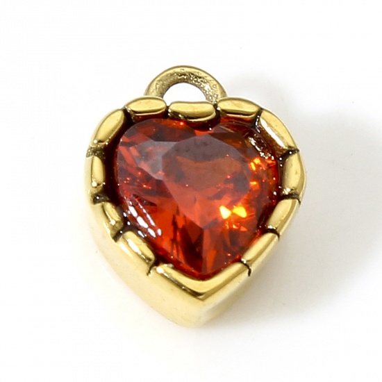 Immagine di 1 Pz Placcatura Sottovuoto 304 Acciaio Inossidabile Pietre Nascita Ciondoli Cuore Oro Placcato Rosso Strass 6.5mm x 5.5mm