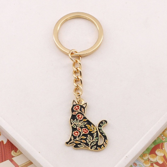 Bild von 1 Stück Japanischer Stil Schlüsselkette & Schlüsselring Vergoldet Bunt Katze Blumen Emaille 7cm