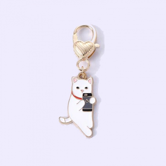 Bild von 1 Stück Japanischer Stil Schlüsselkette & Schlüsselring Vergoldet Bunt Katze Emaille 5.5cm x 1.5cm