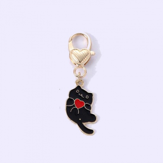 Bild von 1 Stück Japanischer Stil Schlüsselkette & Schlüsselring Vergoldet Schwarz Katze Herz Emaille 5.5cm x 1.5cm