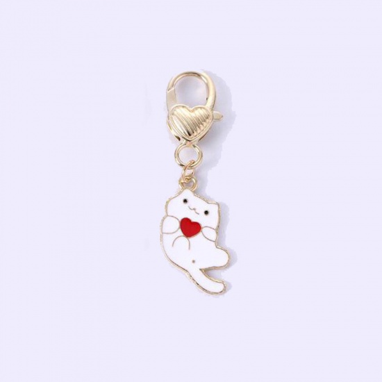 Bild von 1 Stück Japanischer Stil Schlüsselkette & Schlüsselring Vergoldet Weiß Katze Herz Emaille 5.5cm x 1.5cm