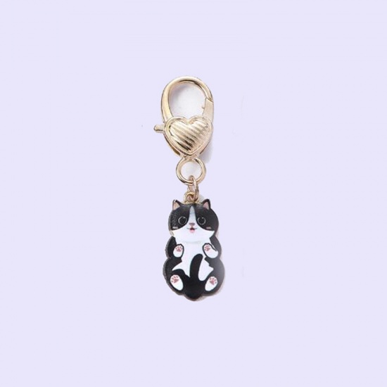 Bild von 1 Stück Japanischer Stil Schlüsselkette & Schlüsselring Vergoldet Schwarz Katze Emaille 5.5cm
