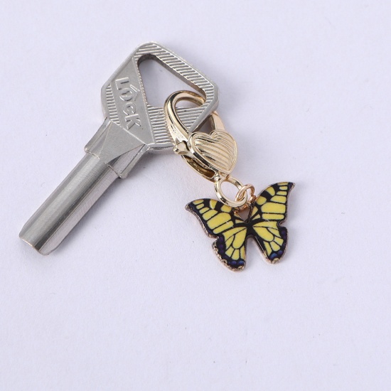 Bild von 1 Stück Japanischer Stil Schlüsselkette & Schlüsselring Vergoldet Schwarz & Gelb Schmetterling Emaille 4.5cm x 2.1cm
