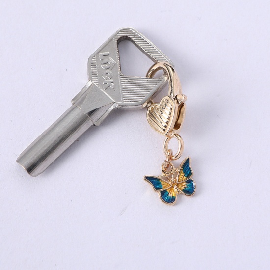 Bild von 1 Stück Japanischer Stil Schlüsselkette & Schlüsselring Vergoldet Gelb & Blau Schmetterling Emaille 4cm