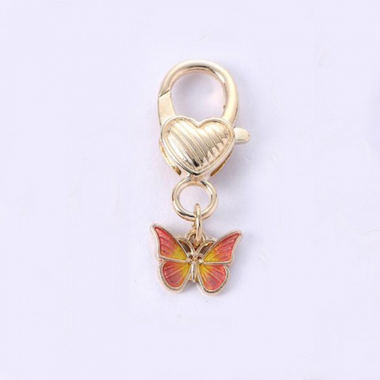 Bild von 1 Stück Japanischer Stil Schlüsselkette & Schlüsselring Vergoldet Rot & Gelb Schmetterling Emaille 4cm