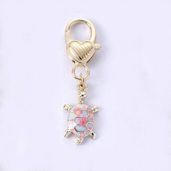 Bild von 1 Stück Japanischer Stil Schlüsselkette & Schlüsselring Vergoldet Rosa Schildkroete Emaille 5cm