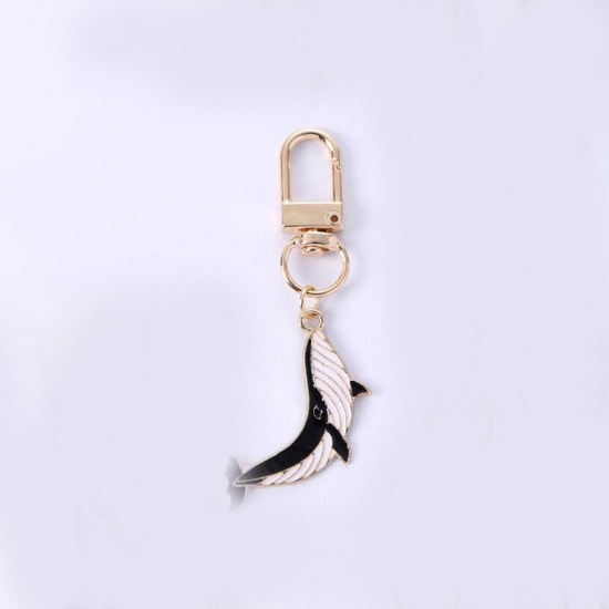 Bild von 1 Stück Japanischer Stil Schlüsselkette & Schlüsselring Vergoldet Schwarz Wal Emaille 7cm