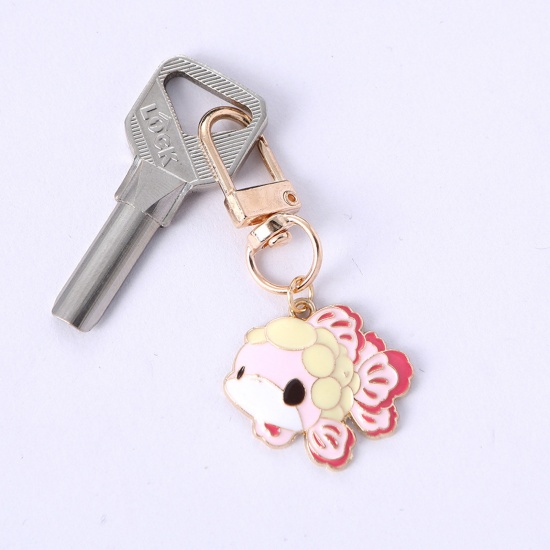 Bild von 1 Stück Japanischer Stil Schlüsselkette & Schlüsselring Vergoldet Rosa Fisch Emaille 6cm