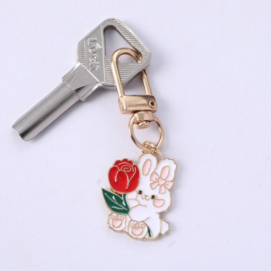 Bild von 1 Stück Japanischer Stil Schlüsselkette & Schlüsselring Vergoldet Bunt Hase Blumen Emaille 6cm