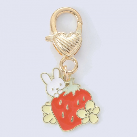 Bild von 1 Stück Japanischer Stil Schlüsselkette & Schlüsselring Vergoldet Bunt Erdbeeren Hase Emaille 7cm