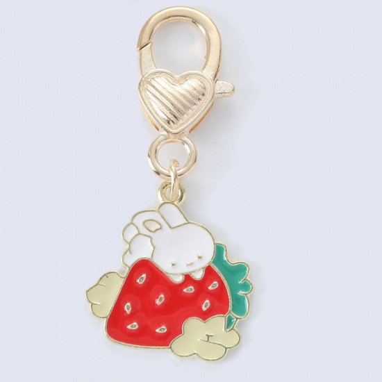 Bild von 1 Stück Japanischer Stil Schlüsselkette & Schlüsselring Vergoldet Bunt Erdbeeren Hase Emaille 7cm