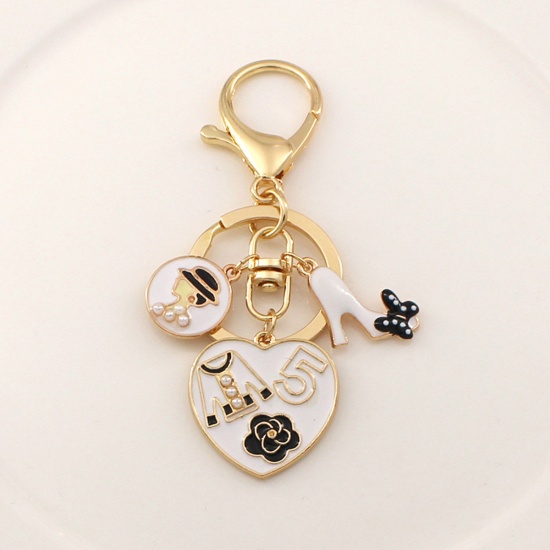 Picture of 1 Piece Japanese Style Keychain & Keyring Gold Plated White Heart High-Heeled Shoes Enamel 7cm