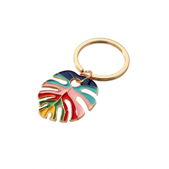 Picture of 1 Piece Boho Chic Bohemia Keychain & Keyring Gold Plated Multicolor Leaf Enamel 6.5cm x 3cm