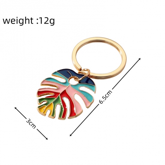 Picture of 1 Piece Boho Chic Bohemia Keychain & Keyring Gold Plated Multicolor Leaf Enamel 6.5cm x 3cm