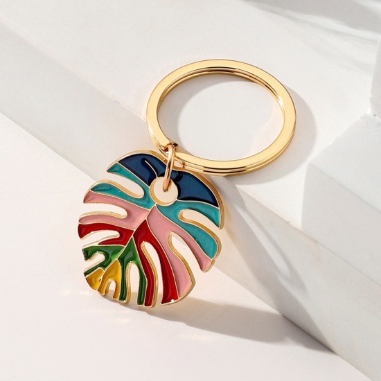 Picture of 1 Piece Boho Chic Bohemia Keychain & Keyring Gold Plated Multicolor Leaf Enamel 6.5cm x 3cm