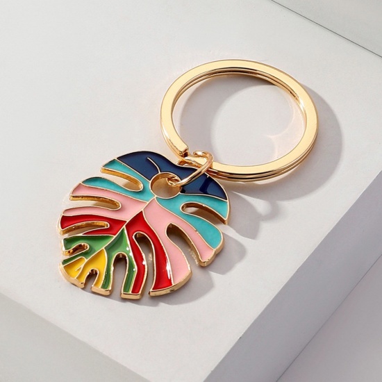 Picture of 1 Piece Boho Chic Bohemia Keychain & Keyring Gold Plated Multicolor Leaf Enamel 6.5cm x 3cm