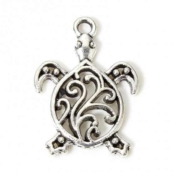 Picture of 100 PCs Zinc Based Alloy Ocean Jewelry Charms Antique Silver Color Sea Turtle Animal Filigree 21mm x 15mm